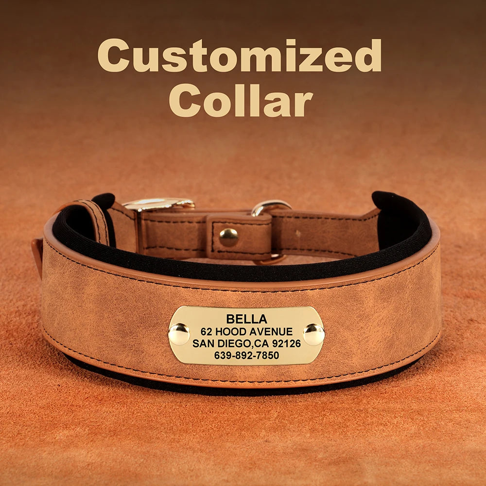 Wide Personalized Dog Collar PU Leather Customized Dogs Tag Collars Soft Pet Collar for Small Medium Large Dogs Pitbull Buldog
